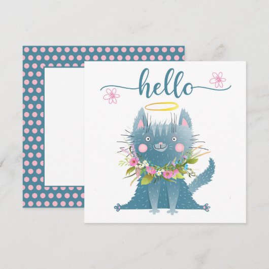 Funny Cat mit Blume Hello Card Dankeskarte (Vorne/Hinten)