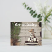Funny Cat mit Cowboy Hat Riding Vacuum Cleaner Postkarte (Stehend Vorderseite)
