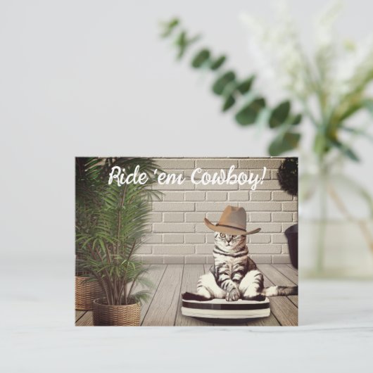 Funny Cat mit Cowboy Hat Riding Vacuum Cleaner Postkarte (Stehend Vorderseite)