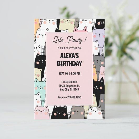 Funny Cat Muster Geburtstag Einladung (Stehend Vorderseite)