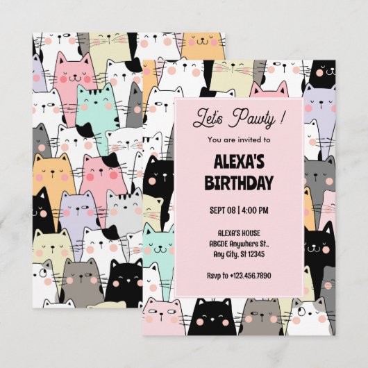 Funny Cat Muster Geburtstag Einladung (Vorne/Hinten)