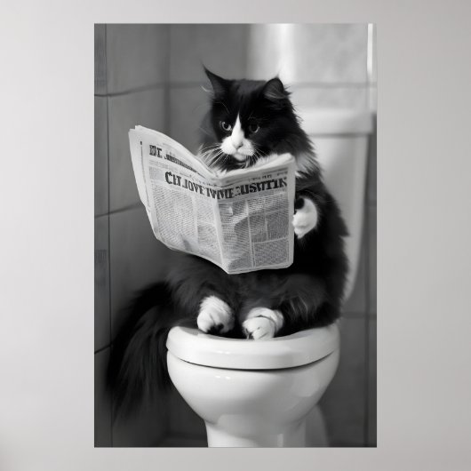 Funny Cat Newspaper Print, Whimsical Bathroom Wall Poster (Vorne)