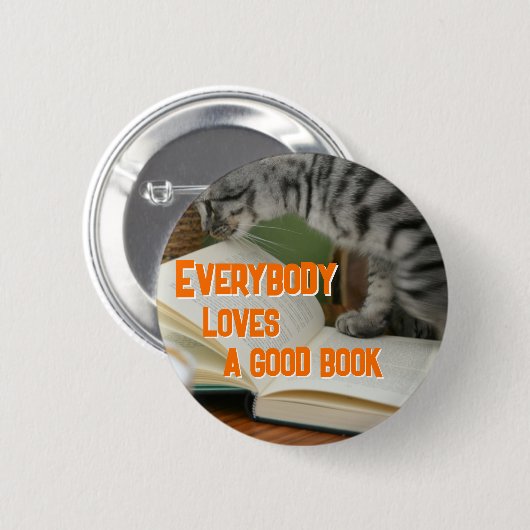 Funny Cat on Book Saying Button (Vorne & Hinten)