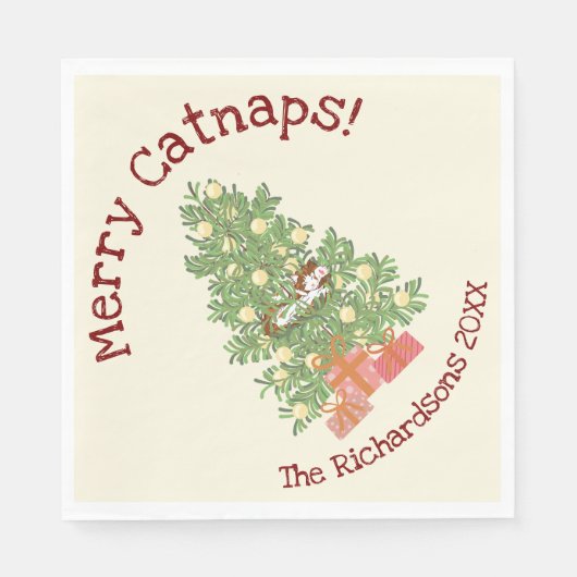 Funny Cat on Chistmas Tree Merry Catnaps! Creme Serviette (Vorderseite)