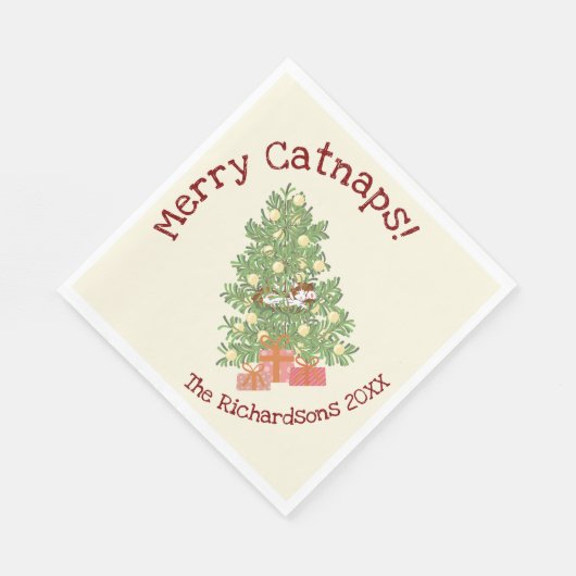 Funny Cat on Chistmas Tree Merry Catnaps! Creme Serviette (Ecke)