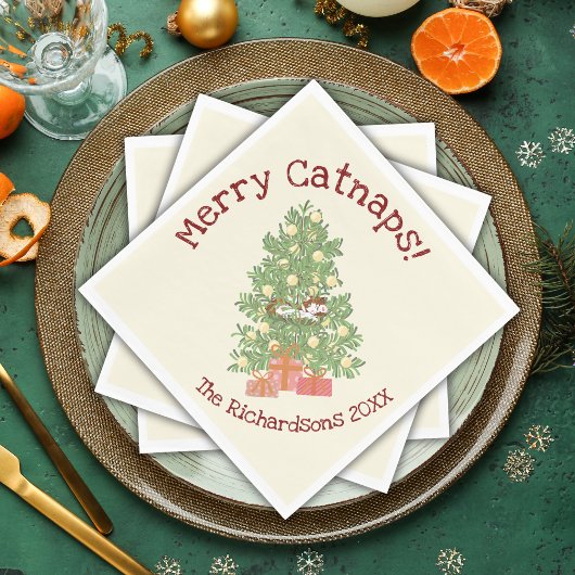 Funny Cat on Chistmas Tree Merry Catnaps! Creme Serviette