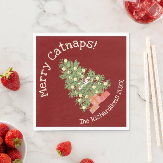 Funny Cat on Chistmas Tree Merry Catnaps! Rot Serviette (Beispiel)