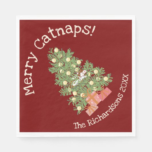 Funny Cat on Chistmas Tree Merry Catnaps! Rot Serviette (Vorderseite)
