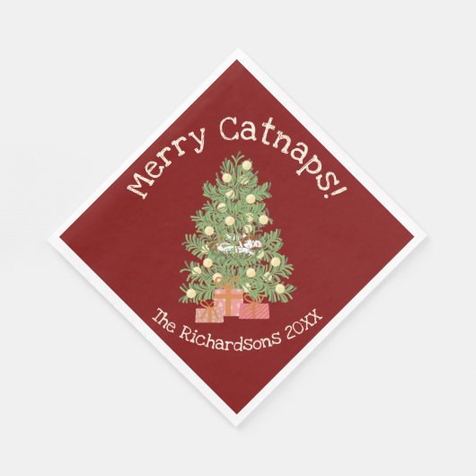 Funny Cat on Chistmas Tree Merry Catnaps! Rot Serviette (Ecke)