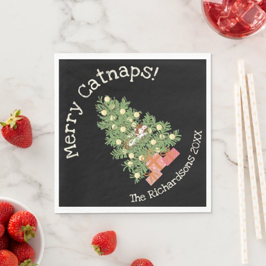 Funny Cat on Chistmas Tree Merry Catnaps! Schwarz Serviette (Beispiel)