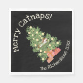 Funny Cat on Chistmas Tree Merry Catnaps! Schwarz Serviette (Vorderseite)