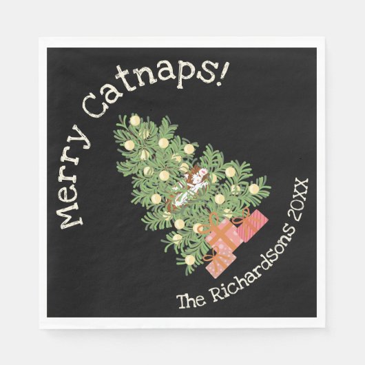 Funny Cat on Chistmas Tree Merry Catnaps! Schwarz Serviette (Vorderseite)