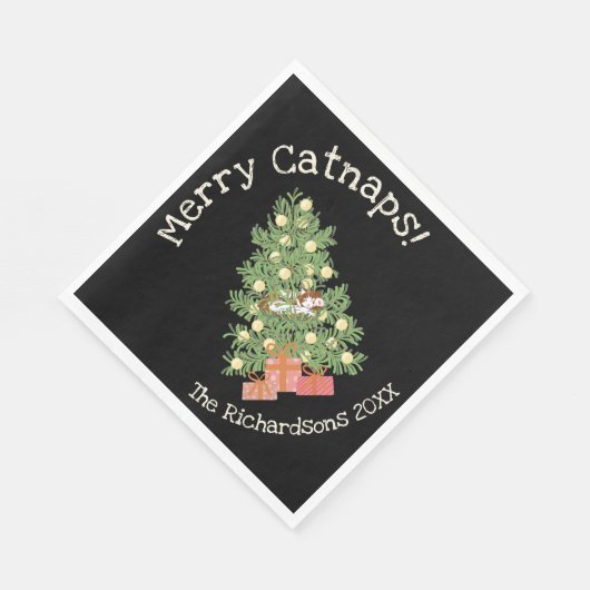 Funny Cat on Chistmas Tree Merry Catnaps! Schwarz Serviette (Ecke)