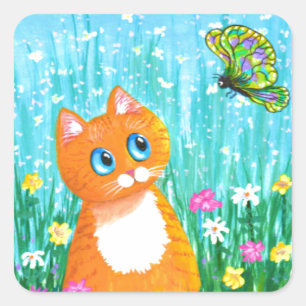 Funny Cat Orange Tabby Butterfly Summer Quadratischer Aufkleber
