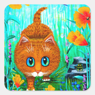 Funny Cat Orange Tabby Cartoon Quadratischer Aufkleber