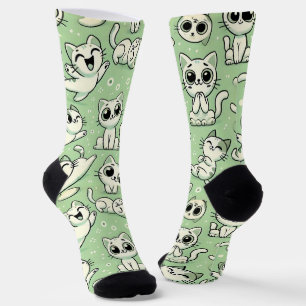 Funny Cat Pattern Socks - Light Green & White Socken