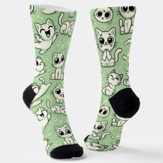 Funny Cat Pattern Socks - Light Green & White Socken (Gewinkelt)