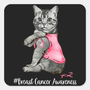 Funny Cat Pink Ribbon im Oktober tragen wir Pink B Quadratischer Aufkleber
