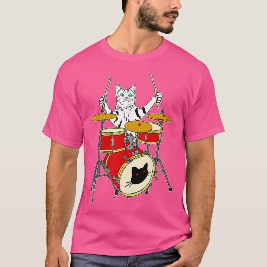 Funny Cat Playing Drum Kit T-Shirt (Vorderseite)