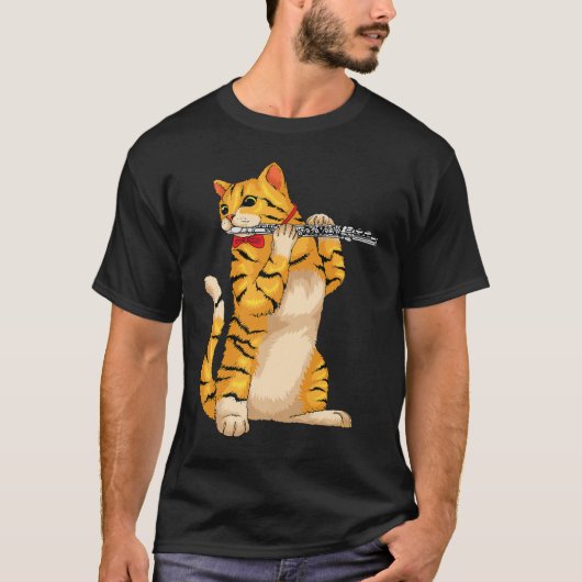Funny Cat Playing Flute Coolen Tiermusiker Flute T-Shirt (Vorderseite)