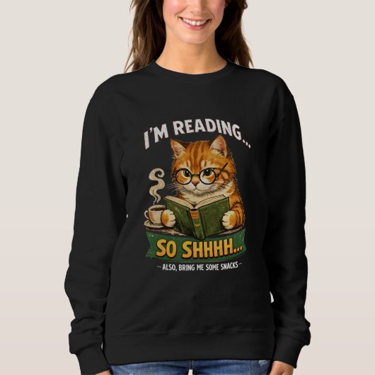 Funny Cat Reading Book Black Sweatshirt | Retro (Vorderseite)