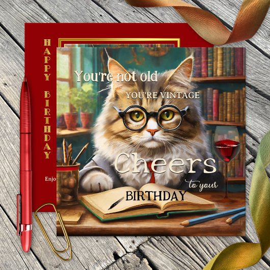Funny Cat Red Wine Books Birthday Karte