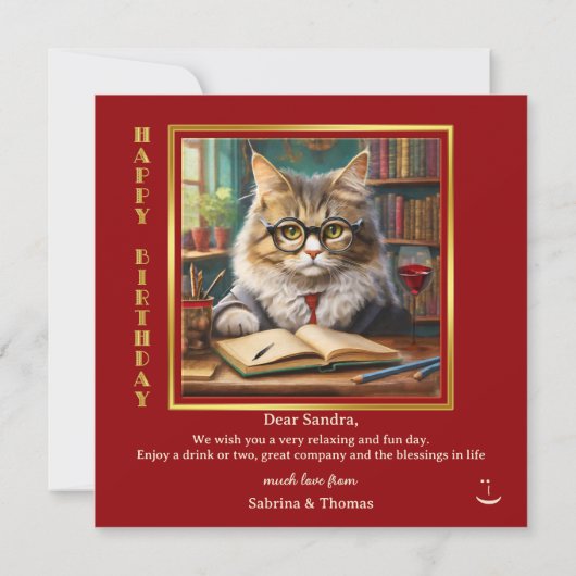Funny Cat Red Wine Books Birthday Karte (Rückseite)
