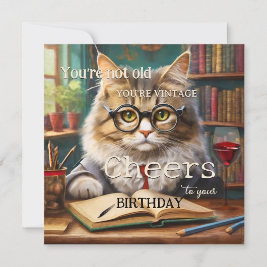 Funny Cat Red Wine Books Birthday Karte (Vorderseite)