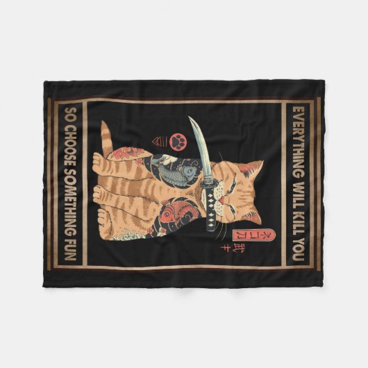 Funny Cat Samurai Alles wird dich töten Fleecedecke (Vorderseite (Horizontal))