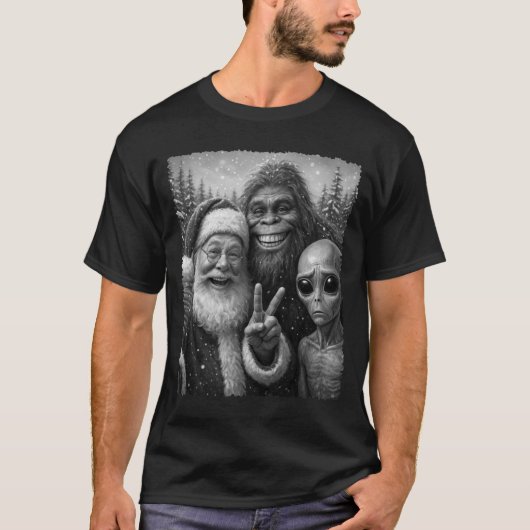Funny Cat Santa Bigfoot Alien Christmas Selfie Tee (Vorderseite)