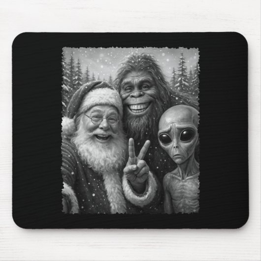 Funny Cat Santa Bigfoot Alien Christmas Selfie Tee Mousepad (Vorne)