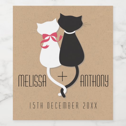 Funny Cat Schwanzes Couple Monogram Wedding Weinetikett (Einzelnes Label)