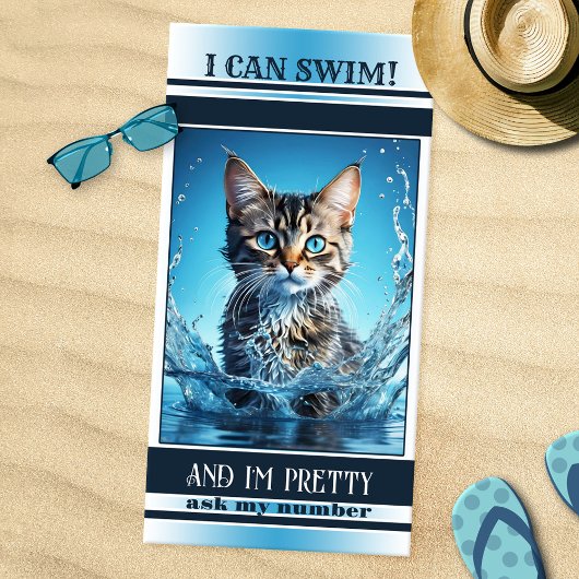 Funny Cat Schwimmen Marine gestreift Strandtuch