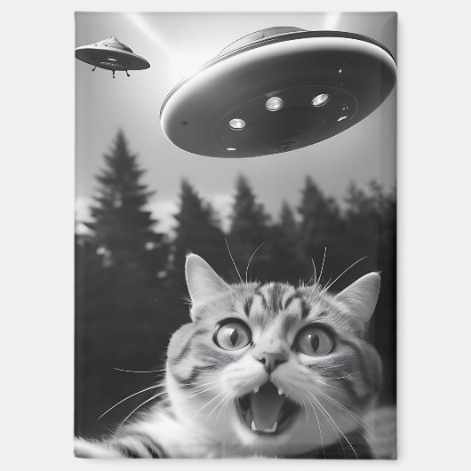 Funny Cat Selfie mit UFO Alien Drones Magnet (Vorderseite)