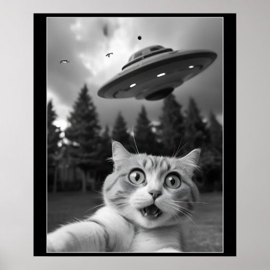 Funny Cat Selfie mit UFO Alien Drones Poster (Vorne)