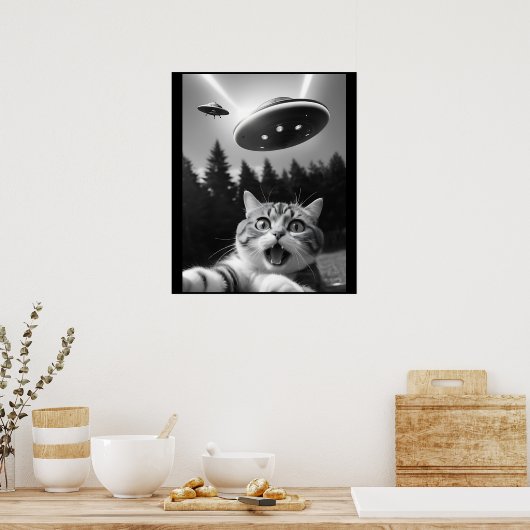 Funny Cat Selfie mit UFO-Alien Poster (Küche)
