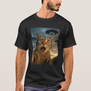 Funny Cat Selfie mit UFOs Männer Frauen Kinder T-Shirt