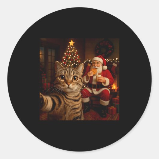 Funny Cat Selfie Santa Claus Eating Cookies Christ Runder Aufkleber (Vorderseite)
