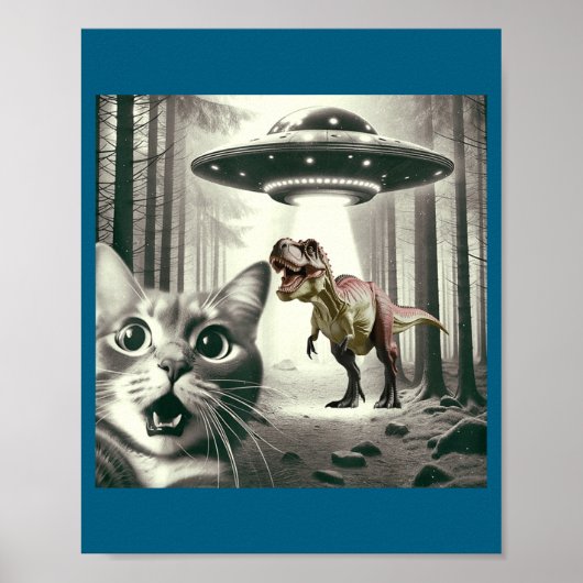 Funny Cat Selfie With Alien Ufo And T-rex Dinosaur Poster (Vorne)