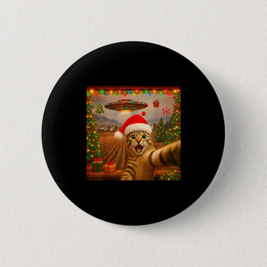 Funny Cat Selfie With Alien Ufo Christmas Lights S Button (Vorderseite)