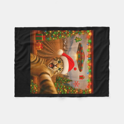 Funny Cat Selfie With Alien Ufo Christmas Lights S Fleecedecke (Vorderseite (Horizontal))