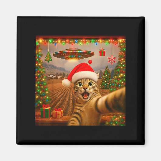 Funny Cat Selfie With Alien Ufo Christmas Lights S Magnet (Vorne)