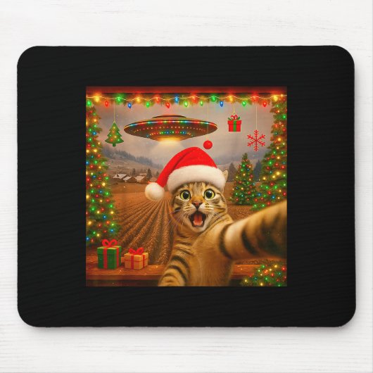 Funny Cat Selfie With Alien Ufo Christmas Lights S Mousepad (Vorne)