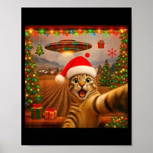 Funny Cat Selfie With Alien Ufo Christmas Lights S Poster (Vorne)