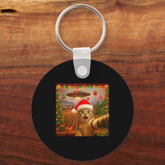 Funny Cat Selfie With Alien Ufo Christmas Lights S Schlüsselanhänger (Vorderseite)