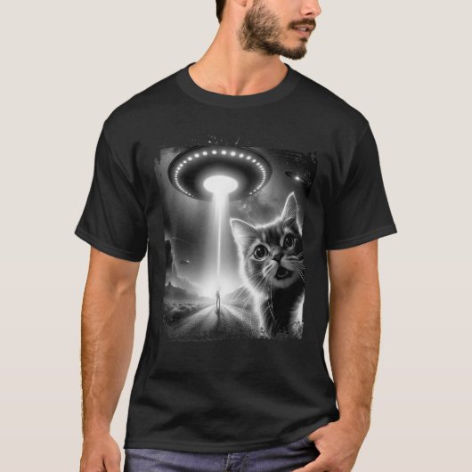 Funny Cat Selfie with UFOs Abduction Aliens for M T-Shirt (Vorderseite)