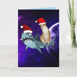 FUNNY CAT & SHARK IN SPACE CHRISTMAS CARDS DANKESKARTE