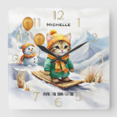 Funny Cat Snowboarden Winterkids Quadratische Wanduhr (Vorderseite)