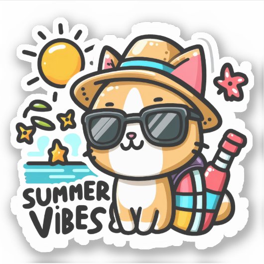 Funny Cat Summer Vibes Aufkleber (Vorderseite)