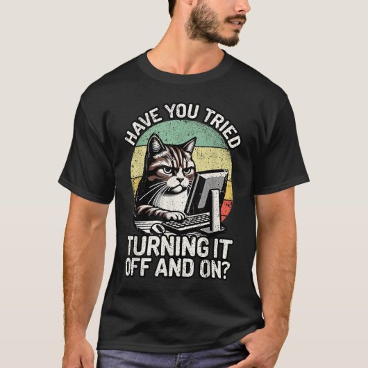 Funny Cat Tech Support Retro Computer Meme T-Shirt (Vorderseite)
